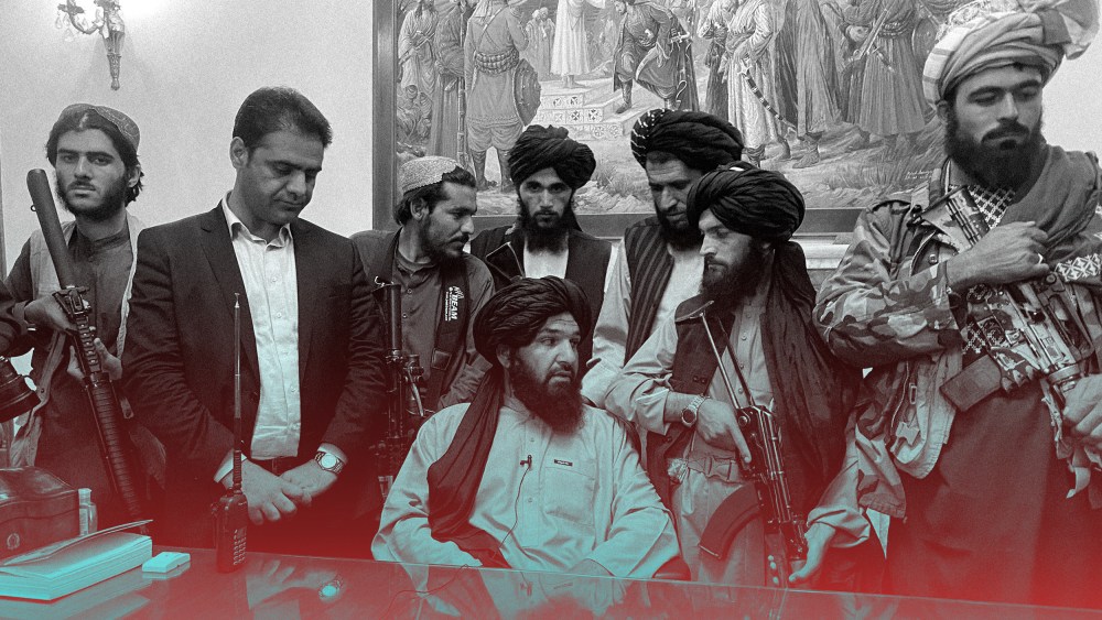 Image: Taliban fighters at the Afghan presidential palace.
