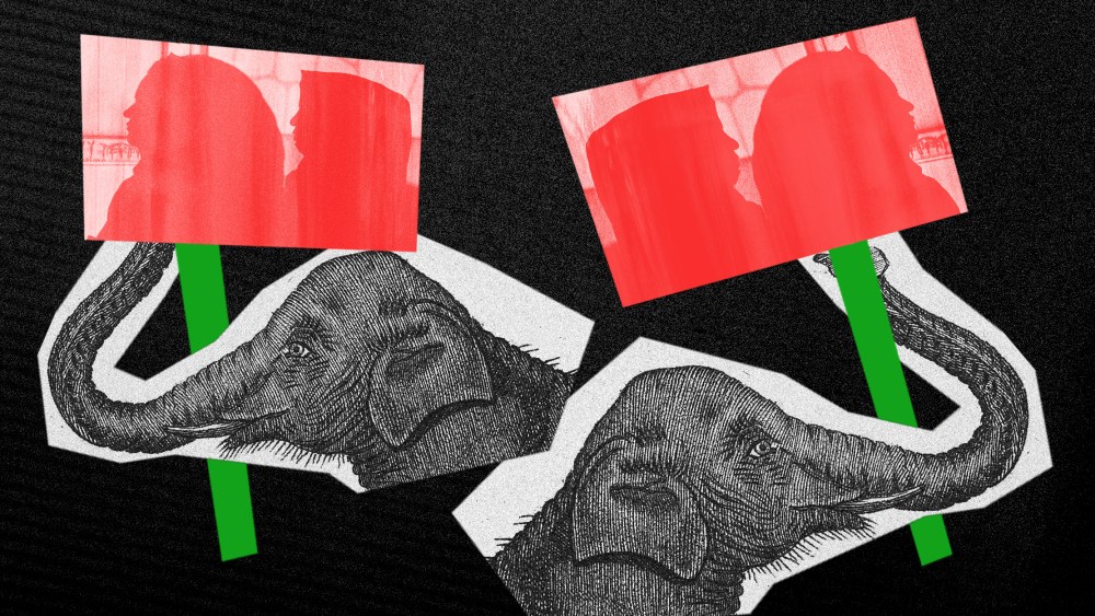 Photo illustration: Two cutouts of an elephant illustration, holding banners with the silhouettes of two Afghan women.