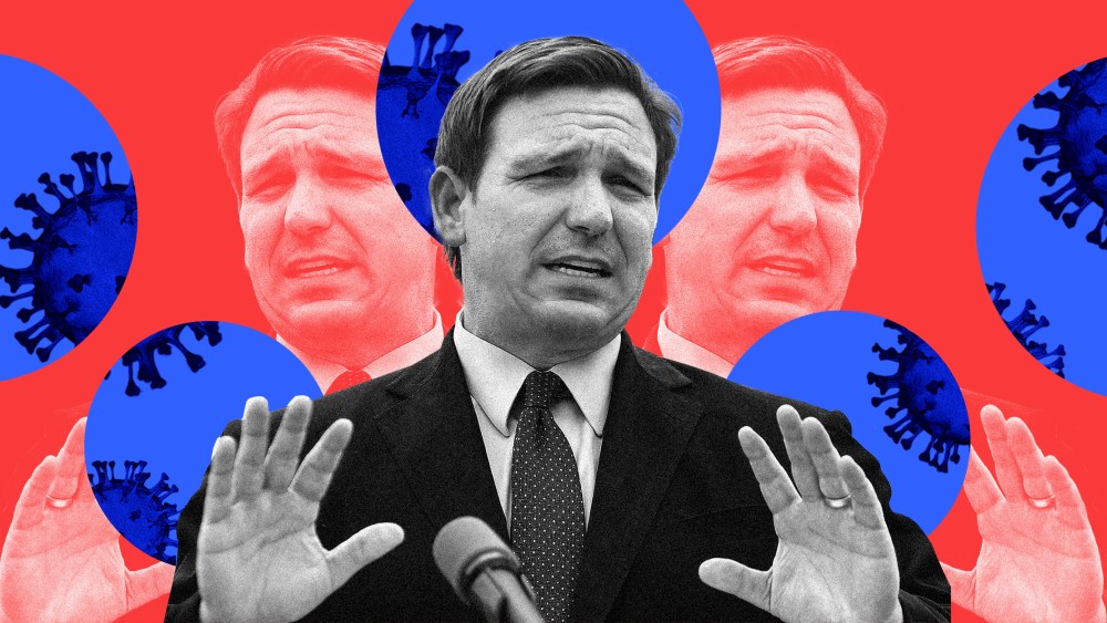 Photo illustration: Ron DeSantis speaking and blue circles behind him reveal Covid-19 spores.