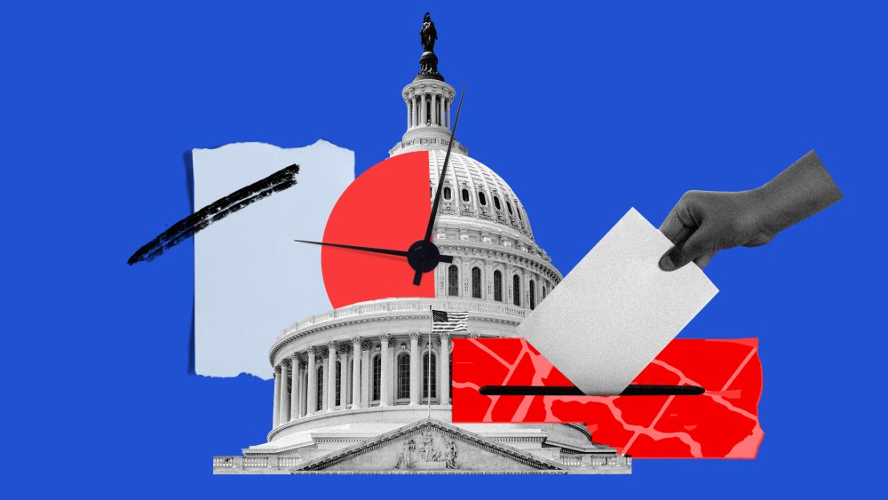Photo collage: Hands of a clock over the Capitol dome; a hand voting over a red piece of paper that shows map borders.