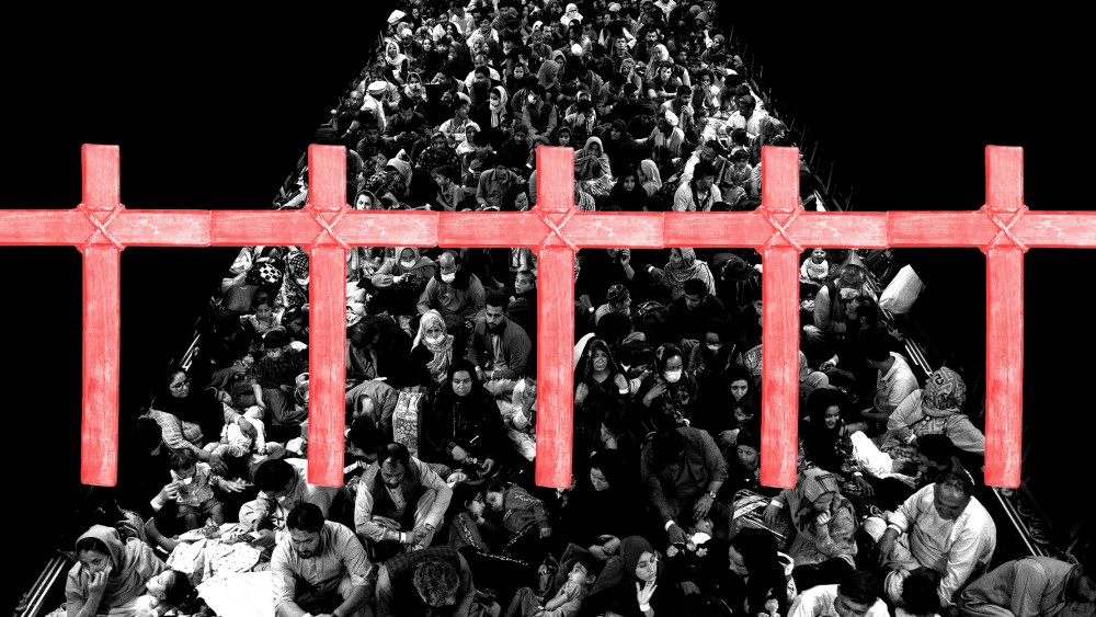 Photo illustration: A fence made of crosses over an image of evacuees from Afghanistan sitting inside a military aircraft.