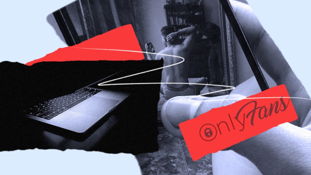 Photo illustration: Images of a half closed laptop in a dark room, a hand holding a phone with a person taking their photo with a scribble over it and the logo for OnlyFans.