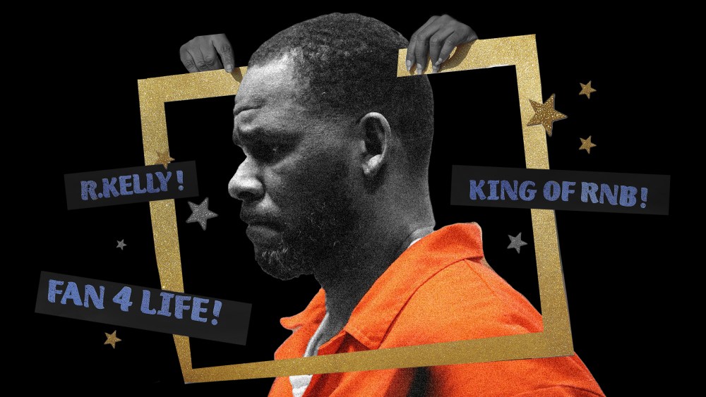 Photo illustration: Profile of R. Kelly in an orange jumpsuit. two hands hold a cut out golden frame around him with stars and paper pieces that read,"R.Kelly!","Fan 4 Lyf!" and "King of RNB!"