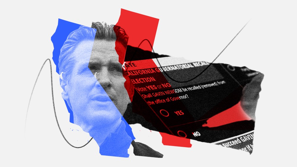 Photo illustration: Image of Gavin Newsom inside a blue map of California next to a red map of California and a hand writing on a piece of ballot that reads,"California Gubernatorial Recall Election".