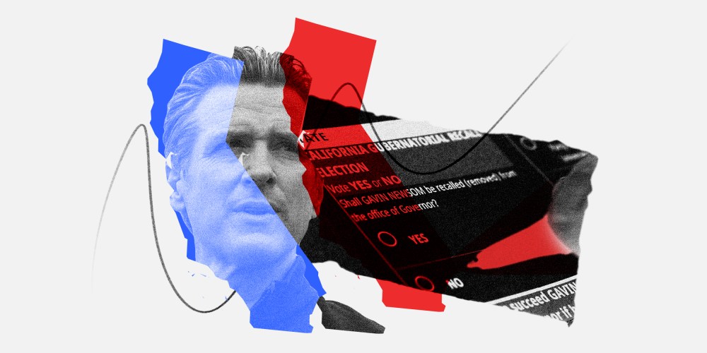 Photo illustration: Image of Gavin Newsom inside a blue map of California next to a red map of California and a hand writing on a piece of ballot that reads,"California Gubernatorial Recall Election".