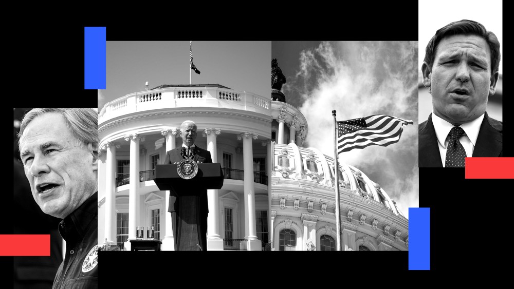 Photo illustration: Greg Abbott, Joe Biden speaking in front of the White House, the Capitol dome and Ron DeSantis.