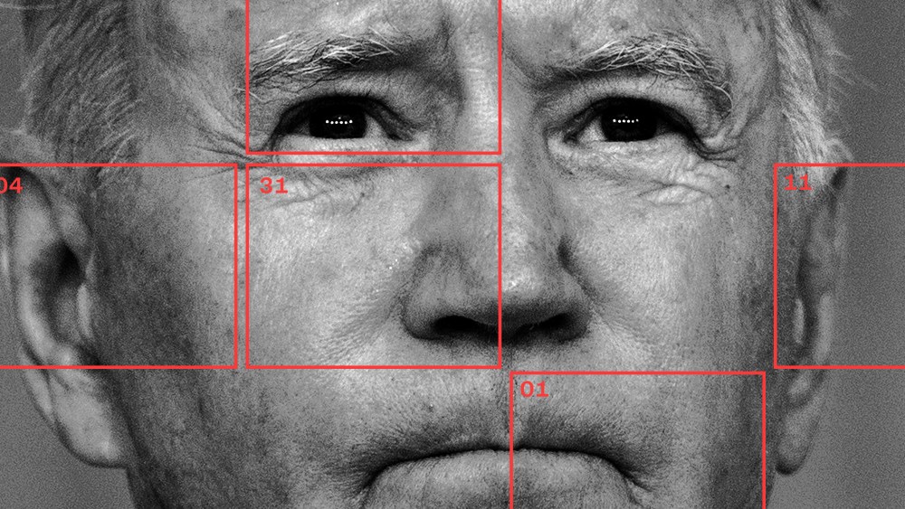 Photo illustration: Red squares with dates over a close up shot of Joe Biden. The dates read, "04,31,11,01".