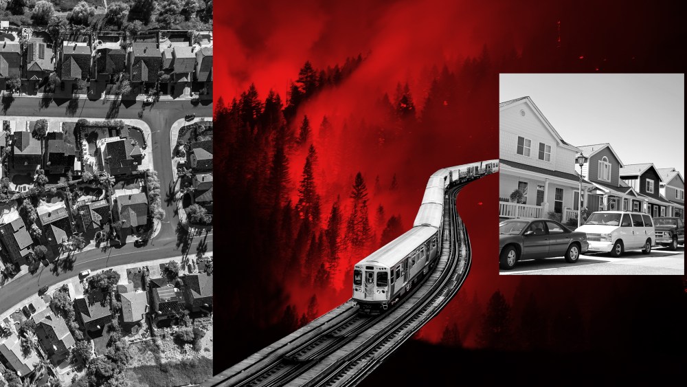 Photo illustration: Images of an aerial shot of suburban homes, a wildfire, car parked outside homes and a commuter train moving on an elevated track from right to left.