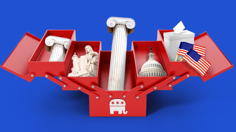 Photo illustration: A red open toolbox with the Republican party symbol holds pieces of Greek pillars, the Contemplation of Justice statue, the Capitol dome, a ballot box and two American flags.