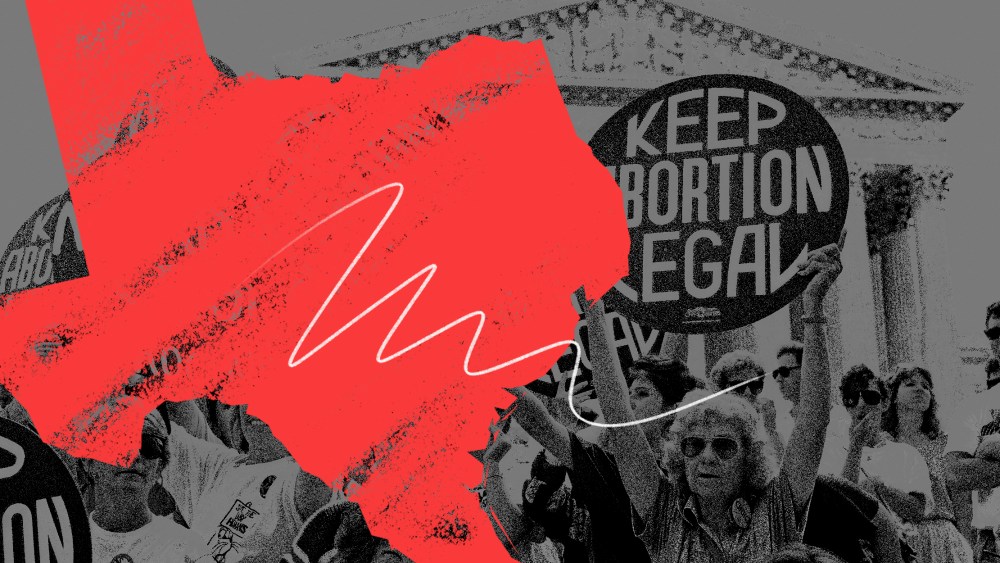 Photo illustration: Rough map of Texas in red over an image of pro-choice demonstrators holding signs on the steps of the Supreme Court building.