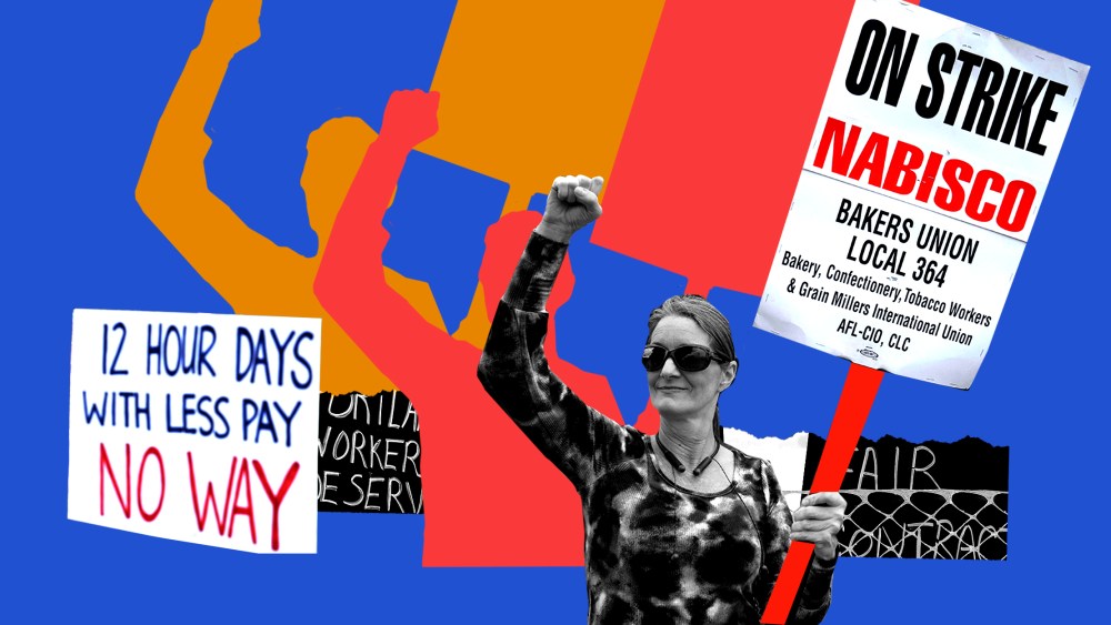 Photo illustartion: A protestor holding a sign that reads,"On Strike Nabisco, Bakers Union Local 364". Another sign to the left reads,"12 hours a day with less pay, no way."