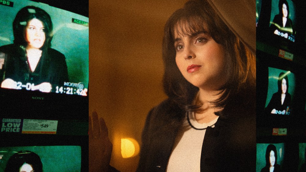 Image of Beanie Fieldstein as Monica Lewinsky as Monica Lewinsky on American Crime Story: Impeachment juxtaposed over an archival image of TV screens showing Monica Lewinsky.