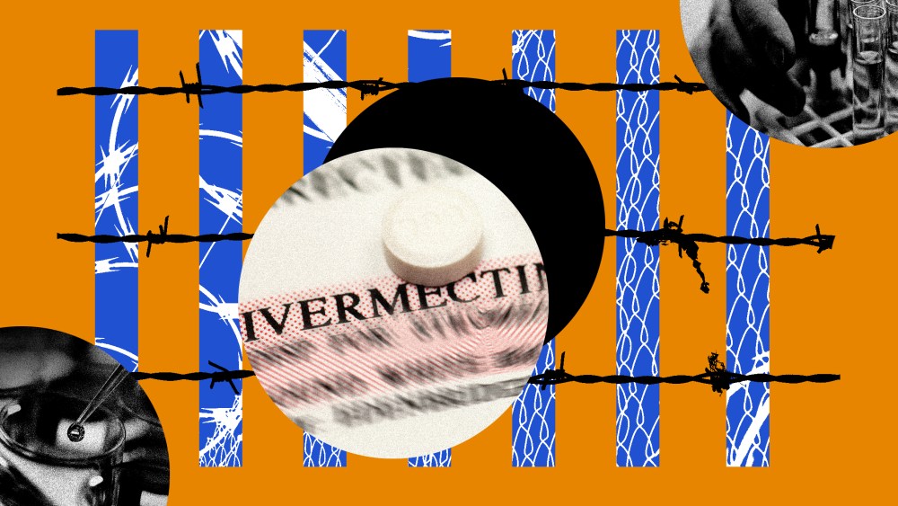 Photo illustration: Circles showing vials and test tubes, an ivermectin tablet over bars that show a prison fence.