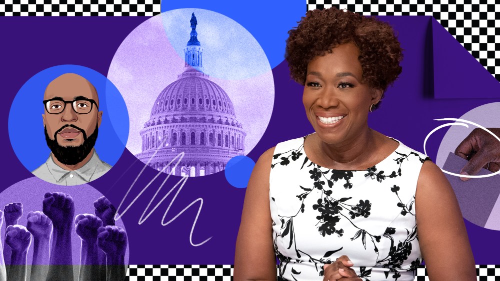 Photo illustration: A purple folded paper over a checkered pattern has images of hands raised in protest, the U.S. Capitol, illustration of Ja'han Jones, Joy Reid and a hand voting.
