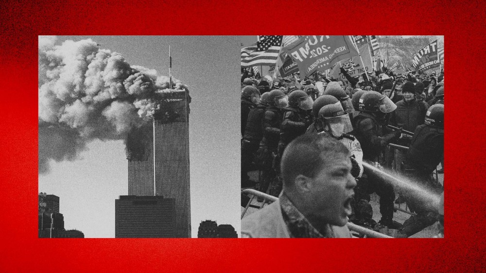 Illustration of the World Trade Center burning on Sept. 11, 2001 and a photo of the Capitol riot on Jan. 6, 2021.