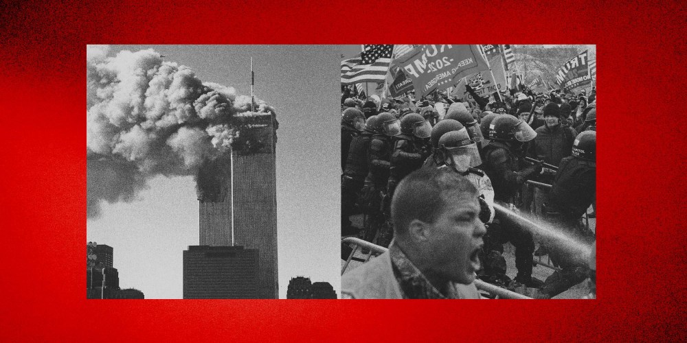 Illustration of the World Trade Center burning on Sept. 11, 2001 and a photo of the Capitol riot on Jan. 6, 2021.