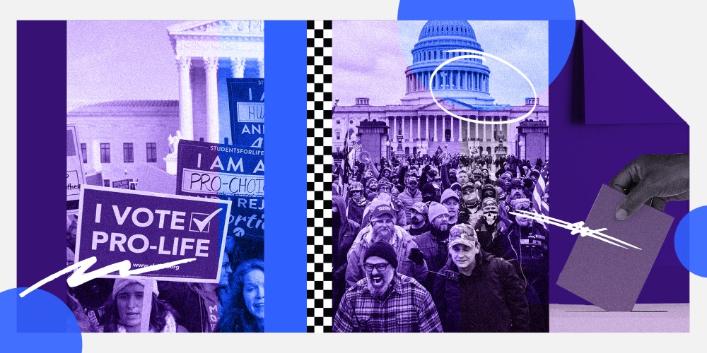 Photo illustration: Image of protests in front of the Supreme Court, a sign reads,"I vote pro-life", rioters in front the Capitol and a hand voting.