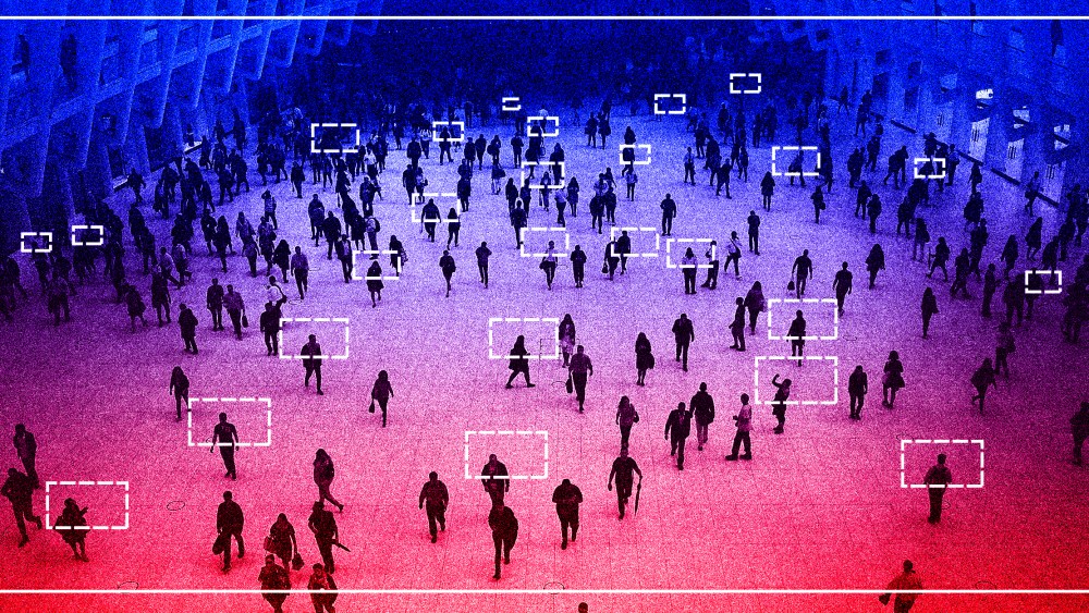 Photo illustration: Scan lines over an aerial shot of people walking.
