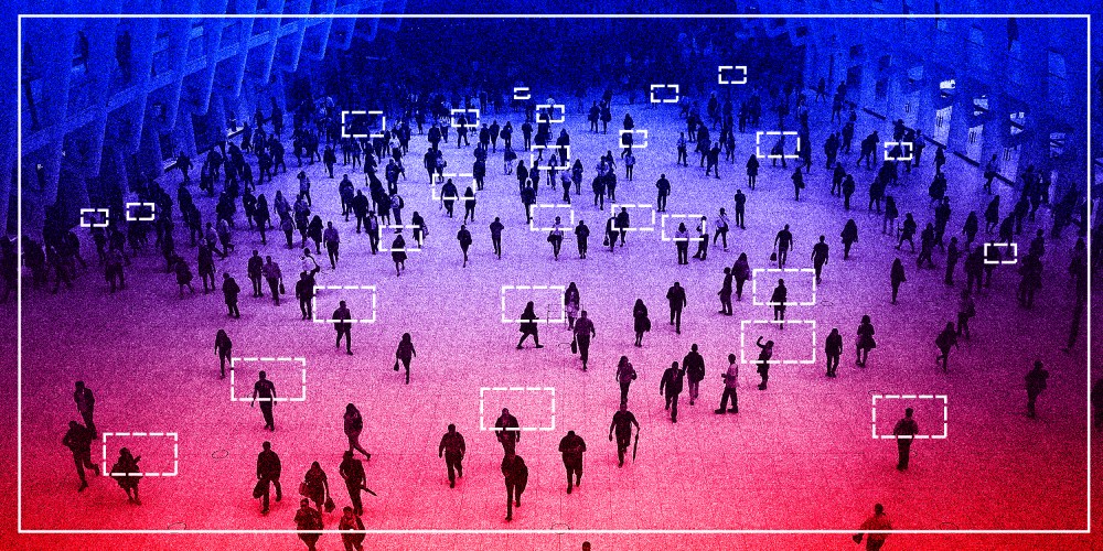 Photo illustration: Scan lines over an aerial shot of people walking.