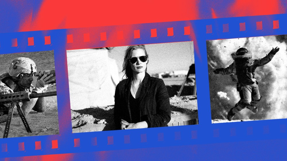 Photo illustration: A blue and red film reel showing stills from the movies, "The Hurt Locker" and "Zero Dark Thirty".