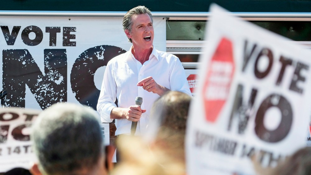 California Gov. Gavin Newsom speaks at a rally against the California gubernatorial recall election on Sept. 12, 2021, in Sun Valley.