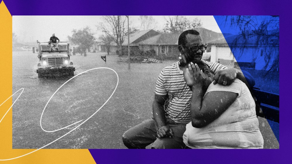Illustration shows a photo of two Black Residents ride in a rescue boat through a flooded neighborhood in LaPlace, La., after Hurricane Ida struck on Aug. 30, 2021.