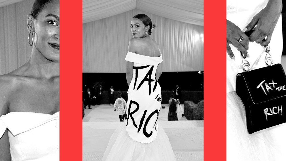 Photo collage: Images of Alexandria Ocasio-Cortez at the 2021 Met Gala. The back of her dress and the close-up of her purse read, "Tax the rich".