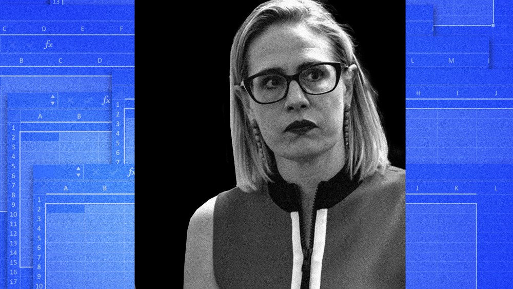 Photo illustration: Kyrsten Sinema against a background of excel sheets.