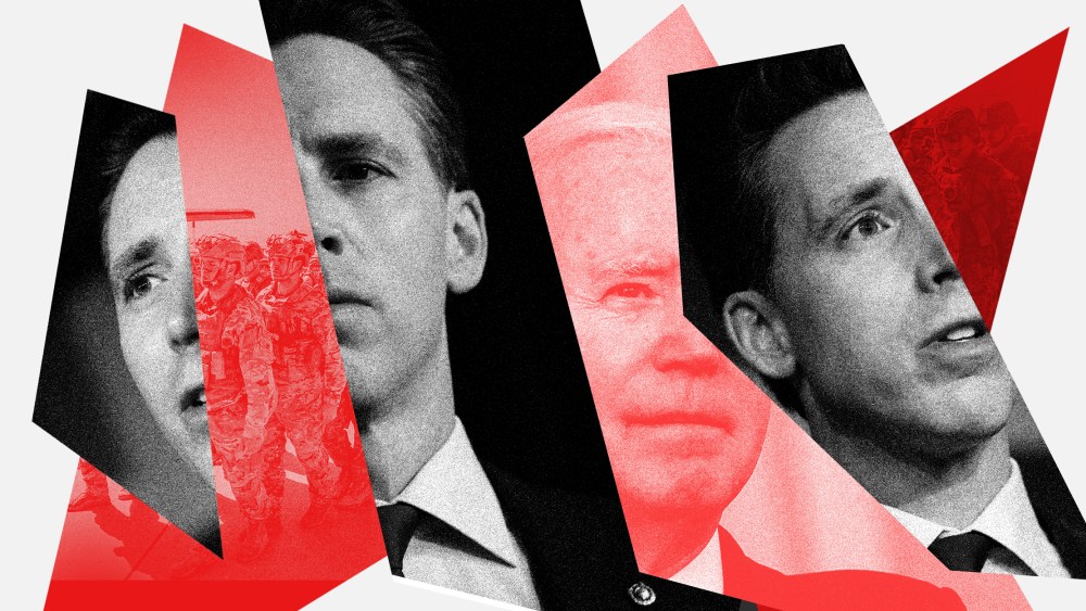 Photo illustration: Fractured images of Josh Hawley, Joe Biden and of the US troops returning from Afghanistan.