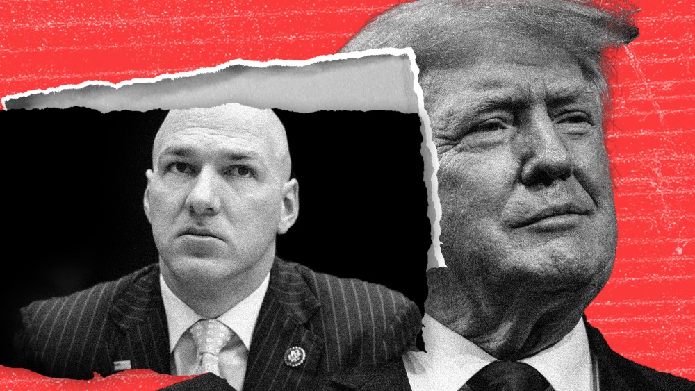 Photo illustration: A piece of paper with an image of Anthony Gonzalez torn out of a paper with the image of Donald Trump.