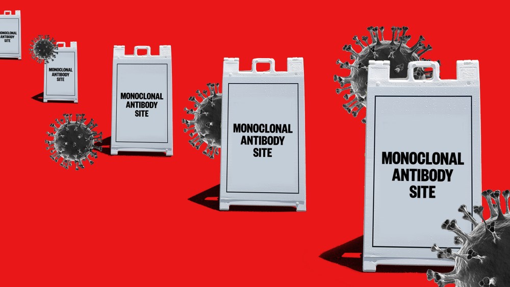 Photo illustration: Signs lined up that read,"Monoclonal Antibody Site", surrounded by floating Covid-19 spores.