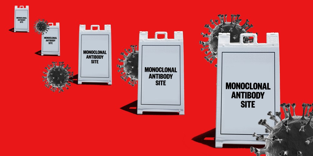 Photo illustration: Signs lined up that read,"Monoclonal Antibody Site", surrounded by floating Covid-19 spores.