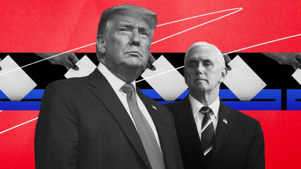 Illustration of former President Donald Trump and former Vice President Mike Pence with a row of hands casting ballots.