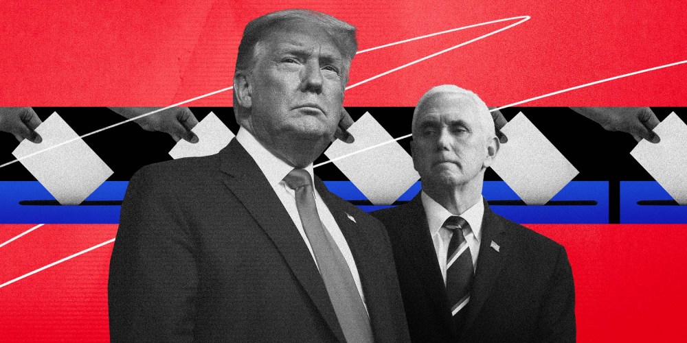 Illustration of former President Donald Trump and former Vice President Mike Pence with a row of hands casting ballots.