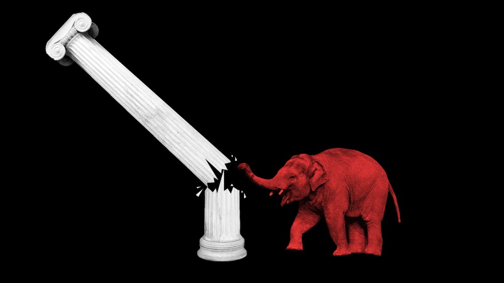 Photo illustration: A red elephant breaking down a white pillar that is more than half its size.