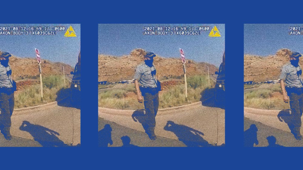 Photo illustration: A still of a police officer pulling over a van from a police camera video recording repeated thrice.