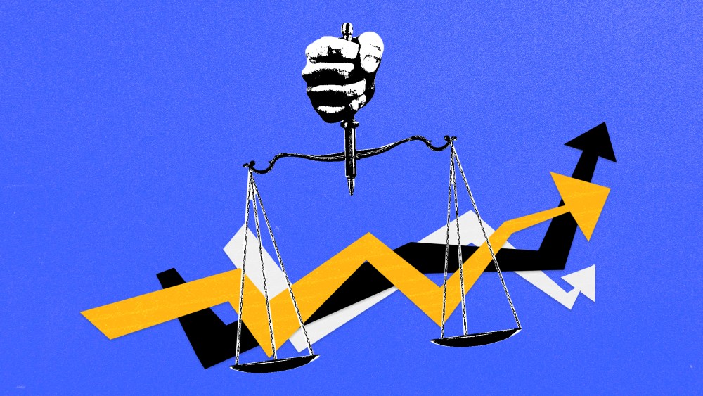 Photo illustration: A hand holding a a scale of justice which holds three arrows moving upwards.