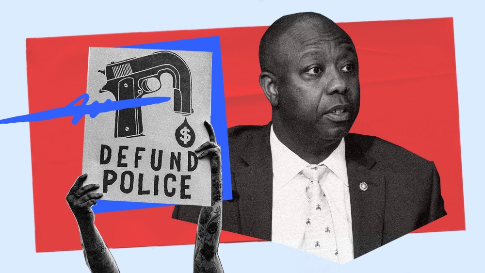 Photo illustration: Hands holding up a sign that reads,"Defund Police" with a scribble over it and Sen. Tim Scott.