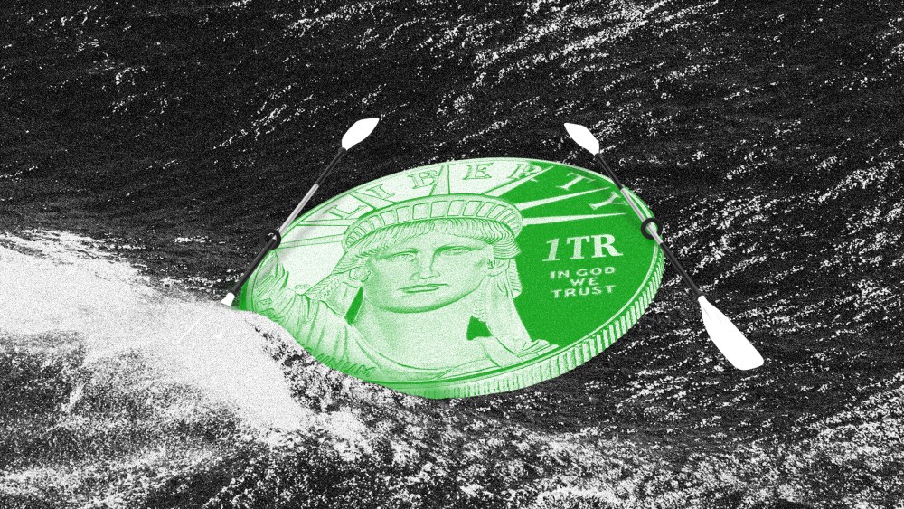 Photo illustration: Waves crashing into a coin which has paddles on both sides. The coin reads,"Liberty", "1TR", and "In God We Trust".