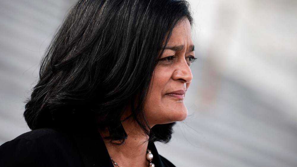 Image; Rep. Pramila Jayapal outside of the Capitol on Sept. 23, 2021.