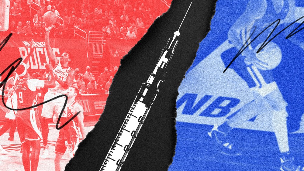 Photo illustration: A syringe divides the image of basketball players into two, left side is red and the right side is blue and shows the NBA logo.