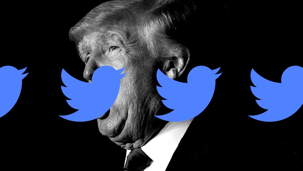 Photo illustration: Twitter logo repeated over an image of Donald Trump speaking.