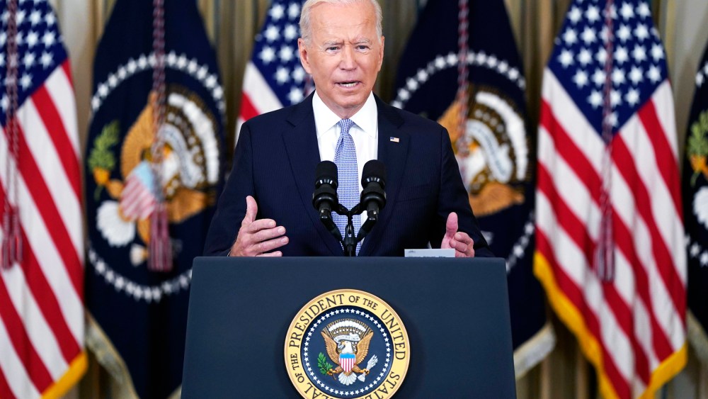 President Joe Biden speaks in the State Dining Room of the White House on Sept. 24, 2021.