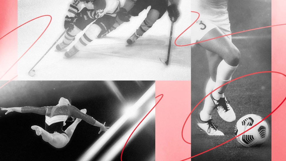 Illustration of Canadian Women hockey players, a United States gymnast on the balance beam and a NWSL player dribbling a soccer ball.