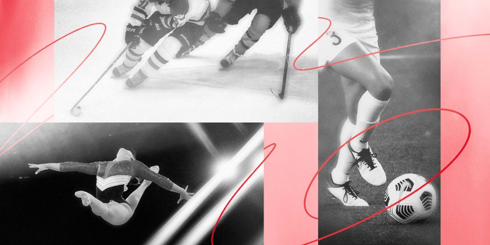 Illustration of Canadian Women hockey players, a United States gymnast on the balance beam and a NWSL player dribbling a soccer ball.