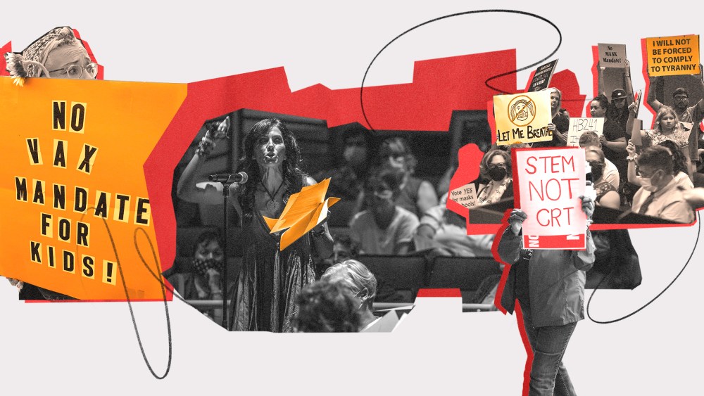 Left to right: 1. Anti-vaccine protesters stage a protest outside of the San Diego Unified School District office to protest a forced vaccination mandate for students on September 28, 2021 in San Diego, California.  2. Speaker Rochelle Basirico speaks aga