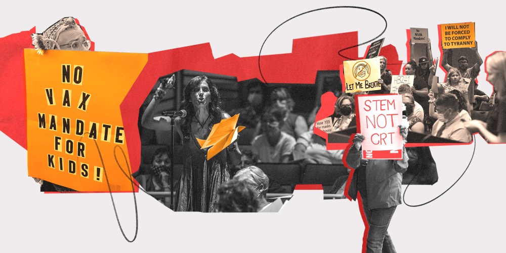 Left to right: 1. Anti-vaccine protesters stage a protest outside of the San Diego Unified School District office to protest a forced vaccination mandate for students on September 28, 2021 in San Diego, California.  2. Speaker Rochelle Basirico speaks aga
