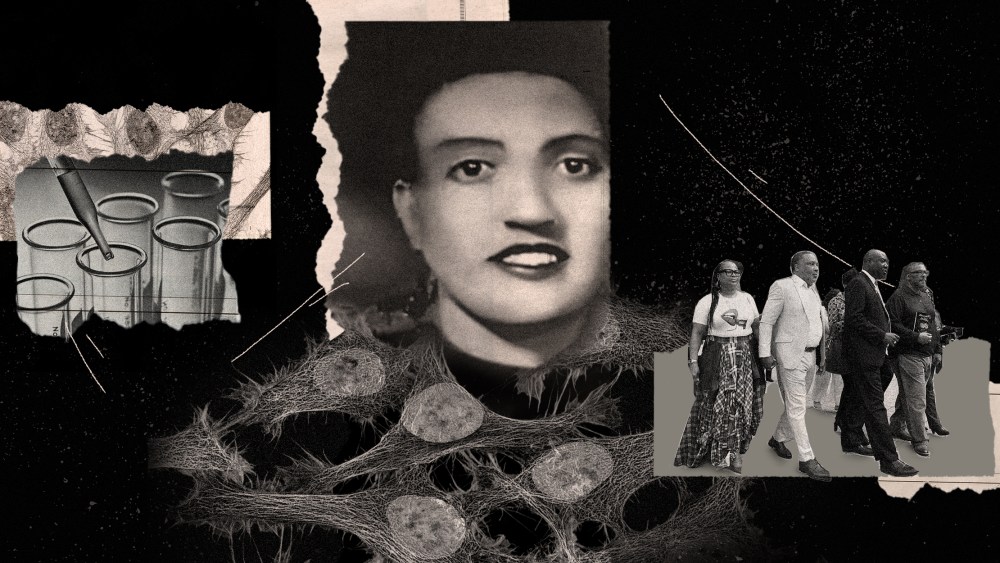 Photo illustration: Image of test tubes, microscope image of HeLa cells; portrait of Henrietta Lacks with the microscopic image of cells forming the shape of her dress and the image of people walking forward.