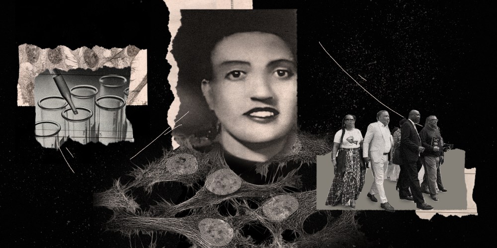Photo illustration: Image of test tubes, microscope image of HeLa cells; portrait of Henrietta Lacks with the microscopic image of cells forming the shape of her dress and the image of people walking forward.