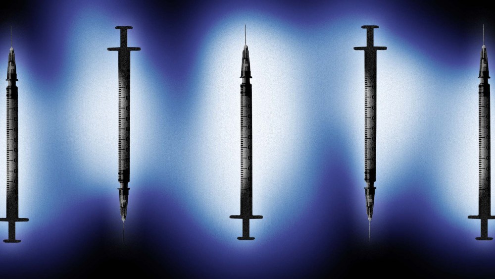 Illustration of Covid-19 vaccine syringes glowing with ethereal light.